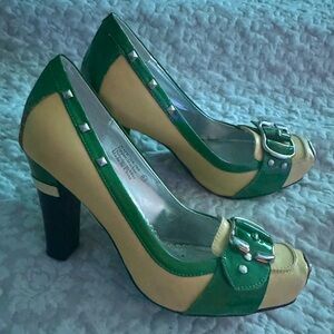 Green and yellow-beige Naughty Monkey Heels.